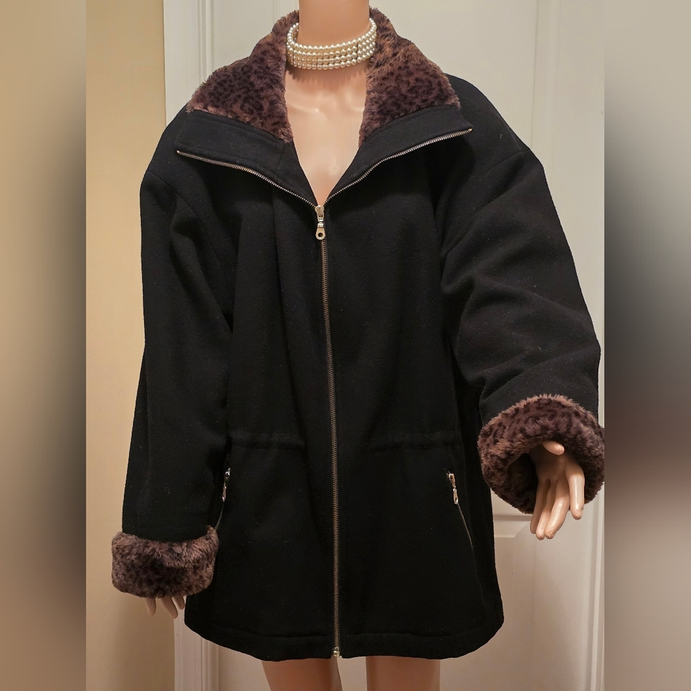Braetan Black Wool Jacket with Rich Brown Animal Print Accents, Size 12